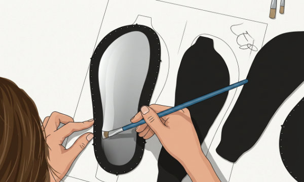 Applying shoe glue to bond the rubber outsole to the upper